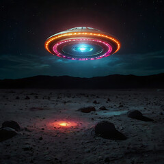 An abstract glowing UFO beaming colorful light patterns onto a dark lunar surface, creating strange symbols and shapes, sci-fi surrealism
