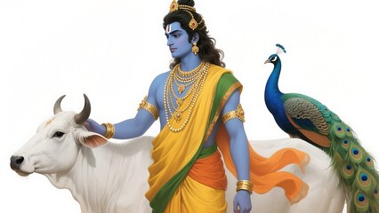 Lord krishna with a white cow and a peacock on a white background