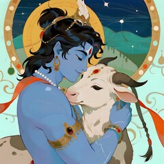 Divine krishna tenderly embraces a sacred cow under a starry sky