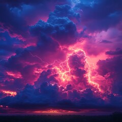 Spectacular photo of vibrant pink and blue storm clouds illuminating with bright lightning strikes