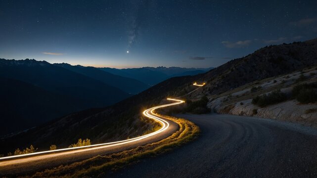 Curving Mountain Road Illuminated at Night With Stars in the Background and a Planet Visible in the Sky