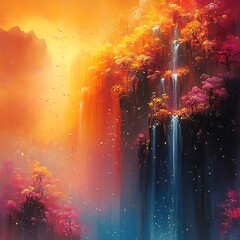 Stunning digital art photo of vibrant waterfalls cascading through a colorful autumn landscape with trees