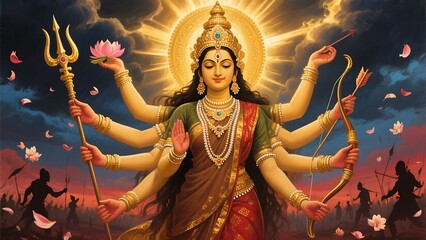 Goddess durga with multiple arms holding weapons and lotus flower in a battle scene