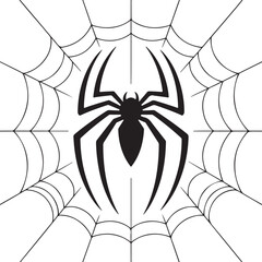 Black spider with web isolated on a white background