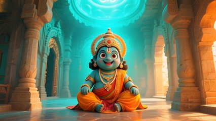 Cute cartoon baby krishna sitting in a temple with ornate pillars and glowing light