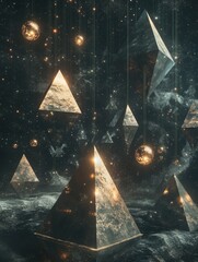 Space themed art installation with geometric shapes