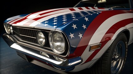 Classic American car with custom patriotic paint job featuring stars and stripes on hood and fenders
