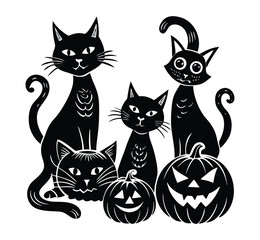 Black cat with Halloween pumpkin vector illustration, spooky cartoon style.

