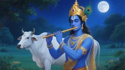 Lord krishna plays his flute under a full moon with a white cow nearby