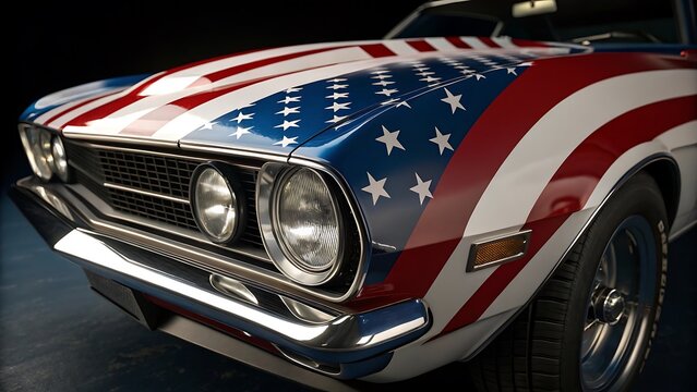 Classic American car with custom patriotic paint job featuring stars and stripes on hood and fenders