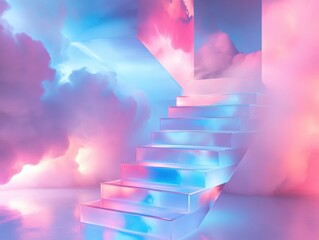 Colorful neon steps with floating clouds