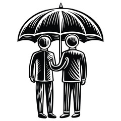 Two figures sharing umbrella people protection