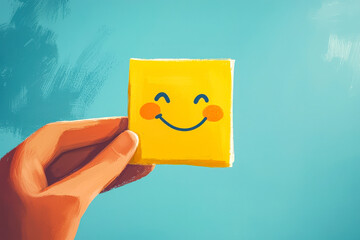 A hand presents a vibrant yellow sticky note adorned with a smiling face, set against a serene blue backdrop, exuding positivity