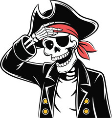 Cartoon pirate skeleton saluting with eye patch