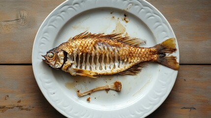 Grilled fish on a plate, wooden table, food preparation