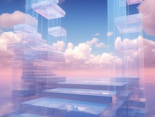 Futuristic Architecture, Transparent Blocks Floating in Midair, Surreal Sky Background