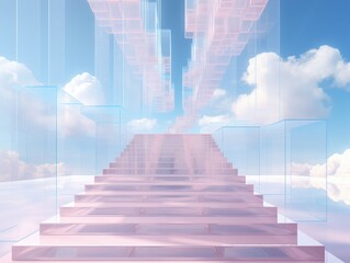 Virtual reality journey through a colorful staircase leading to a futuristic sky