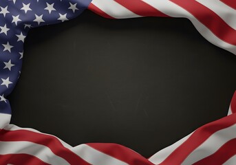 Waving American flag draped across dark black background, 4th of July Independence theme
