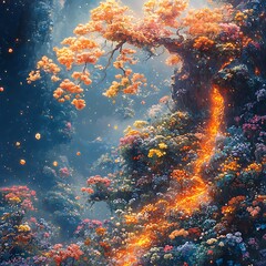 Stunning photo of a fairytale forest with flowing light and vibrant colorful blooms