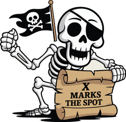 Cartoon pirate skeleton treasure map illustration