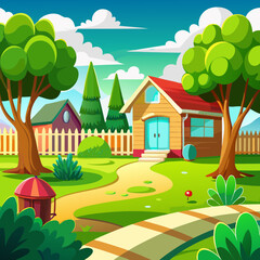 Fototapeta premium Charming cartoon illustration of a sunny backyard with two houses and lush green trees