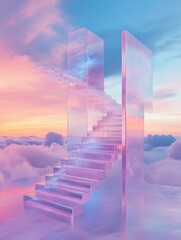 Rainbow-colored staircase leading to a clear sky
