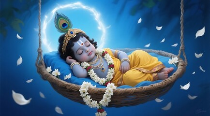 Baby krishna peacefully sleeping in a woven swing adorned with flower garlands and a peacock feather