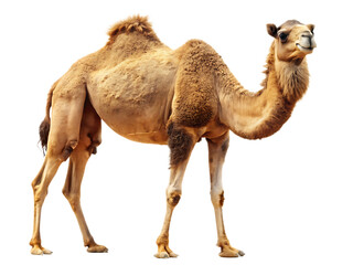 Dromedary camel with tan fur and a single hump standing isolated on a transparent background mammal desert animal, PNG