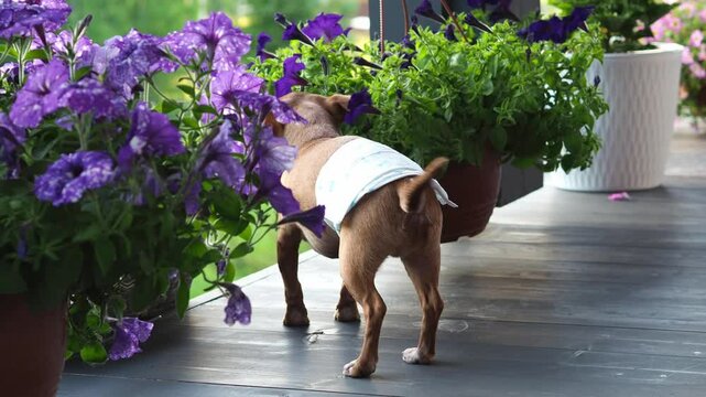 a male in dog underpants. A diaper for dogs. Dog tags. Leakage of urine from a dog. A diaper belt for a dog. Fluffy baby in a diaper on the summer porch of a country house