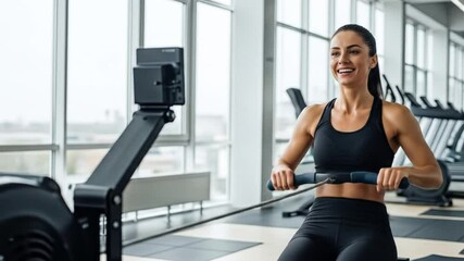 Fit woman rowing machine intense workout healthy lifestyle gym fitness goals strong determination - Powered by Adobe