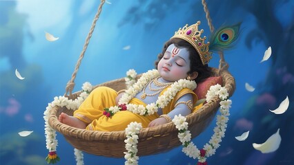 Adorable baby krishna sleeping peacefully in a swing decorated with flowers and a peacock feather
