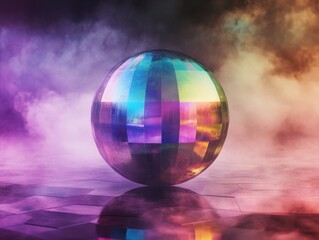 Colorful disco ball on reflective surface