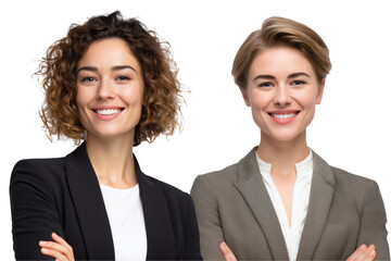 Two beautiful, professional women smiling, one with curly hair and the other with short, isolated on a transparent background.
