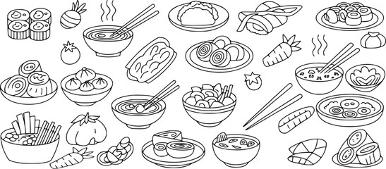 Asian food assortment with bowls chopsticks and vegetables line art illustration