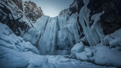 Obraz premium Icy white glaciers adorn a cold winter mountain landscape with snow-covered rocks and frozen waterfalls