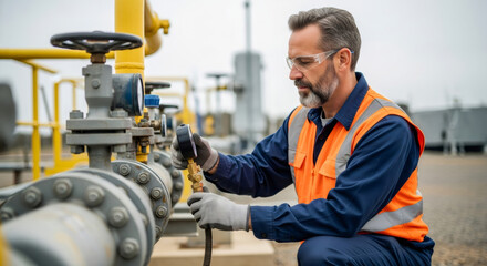 Male engineer inspecting gas pipeline pressure with a gauge at a natural gas plant. Risk and safety concept for industrial maintenance.