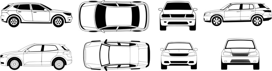 Black and white automotive line art collection technical drawing vehicle