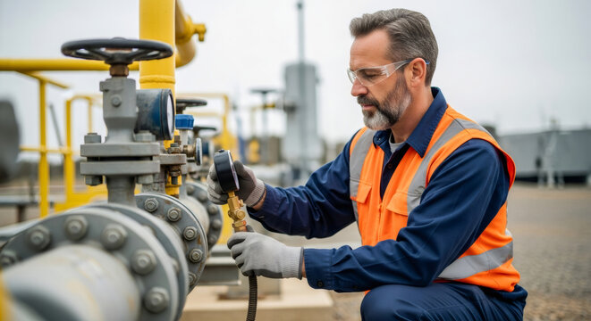 Male engineer inspecting gas pipeline pressure with a gauge at a natural gas plant. Risk and safety concept for industrial maintenance.