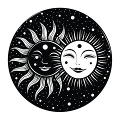 Sun and moon faces with starry background celestial