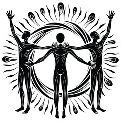 Fototapeta premium Three figures embracing circle with radiating lines