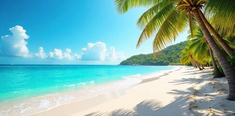 Sun-Drenched Beach Paradise Turquoise Waters, Soft Sand, Swaying Palms, Relaxing Summer Vacation Scene