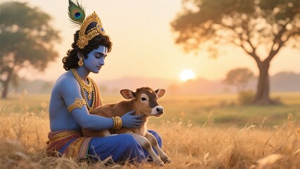 Lord krishna with a calf in a serene field at sunset