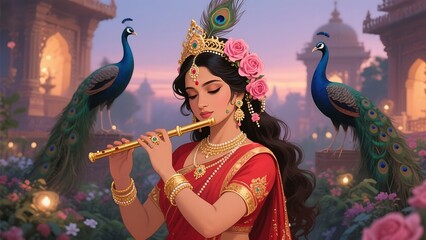 Beautiful indian woman in traditional red sari playing flute with peacocks and flowers