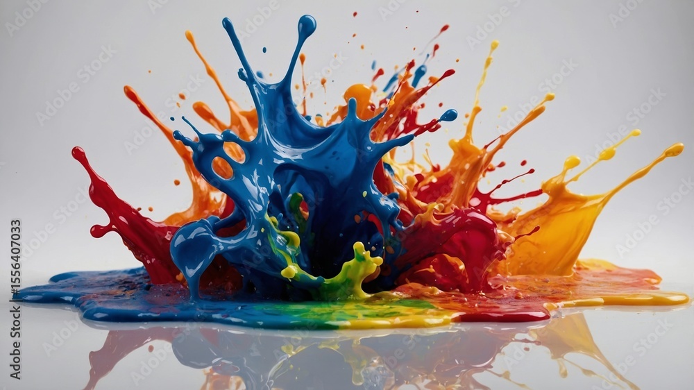 Poster vibrant paint splashes create a colorful explosion on a reflective surface in a studio setting durin