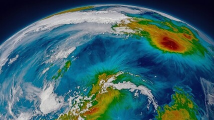 Fototapeta premium Satellite View of Earth Showcasing Colorful Land and Ocean Patterns During a Clear Day Over the Northern Hemisphere