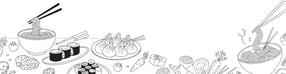 Black and white line art illustration of Asian cuisine with noodles sushi and dumplings