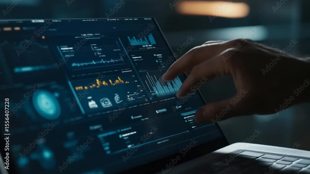 Aufkleber analyzing financial data on a modern laptop screen with interactive charts interface