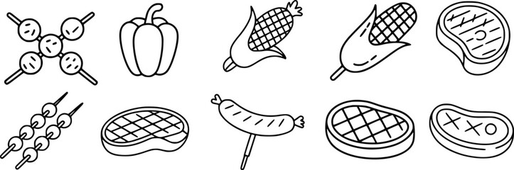 Black and white line art of grilled foods and vegetables barbecue steak