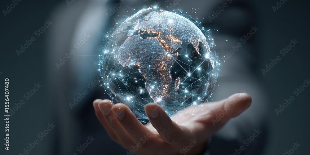 Aufkleber digital globe held in hand, connecting lines and points illuminate continents, network effect