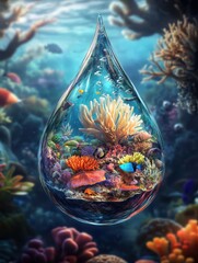 Crystal clear droplet of water floating above vibrant and colorful coral reef teeming with marine life